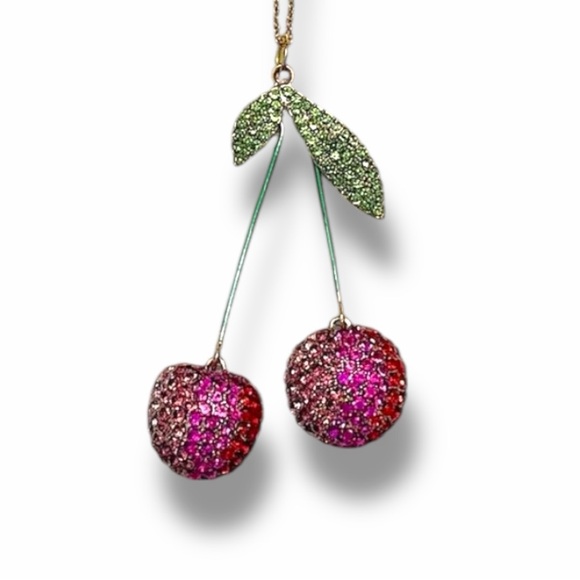 Crystal Studded Cherry Pendant Necklace – Gold Tone Chain – Statement – Like New - Picture 2 of 4